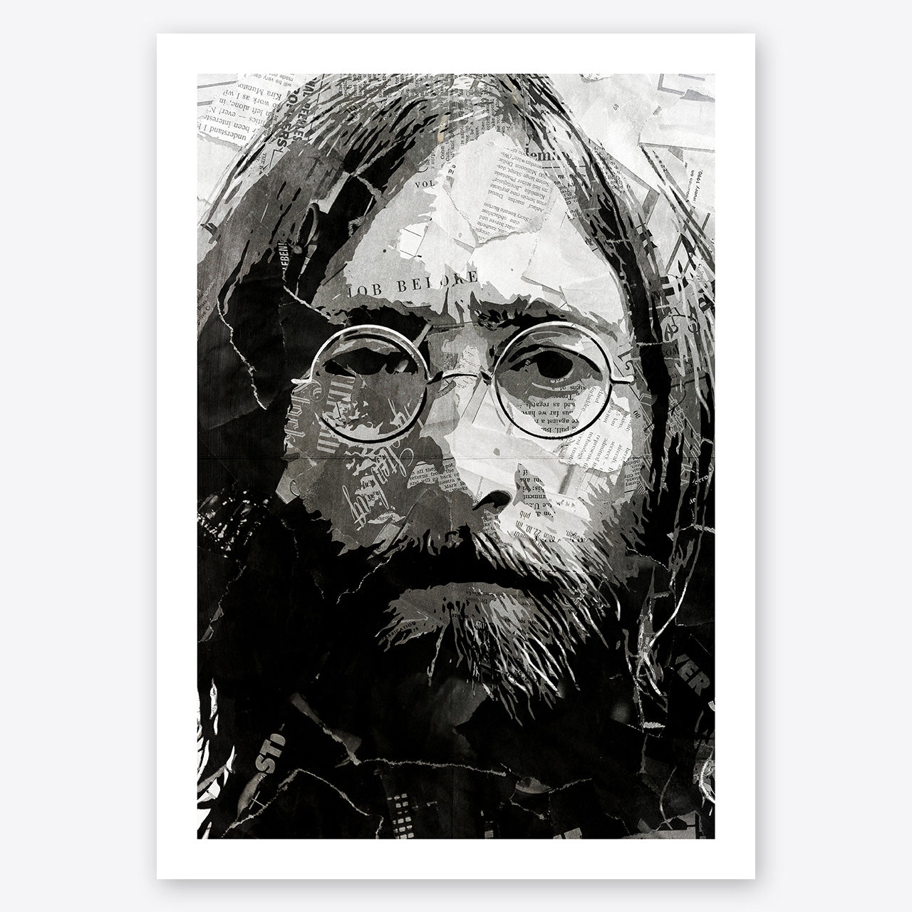 A digital collage portrait of John Lennon of the Beatles created using ripped up magazines and newspaper. An archival standard quality print from The Building House.