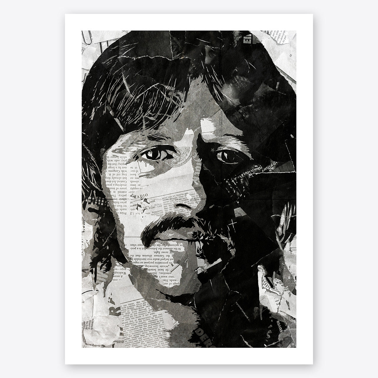 A digital collage portrait of Ringo Starr of the Beatles created using ripped up magazines and newspaper. An archival standard quality print from The Building House.