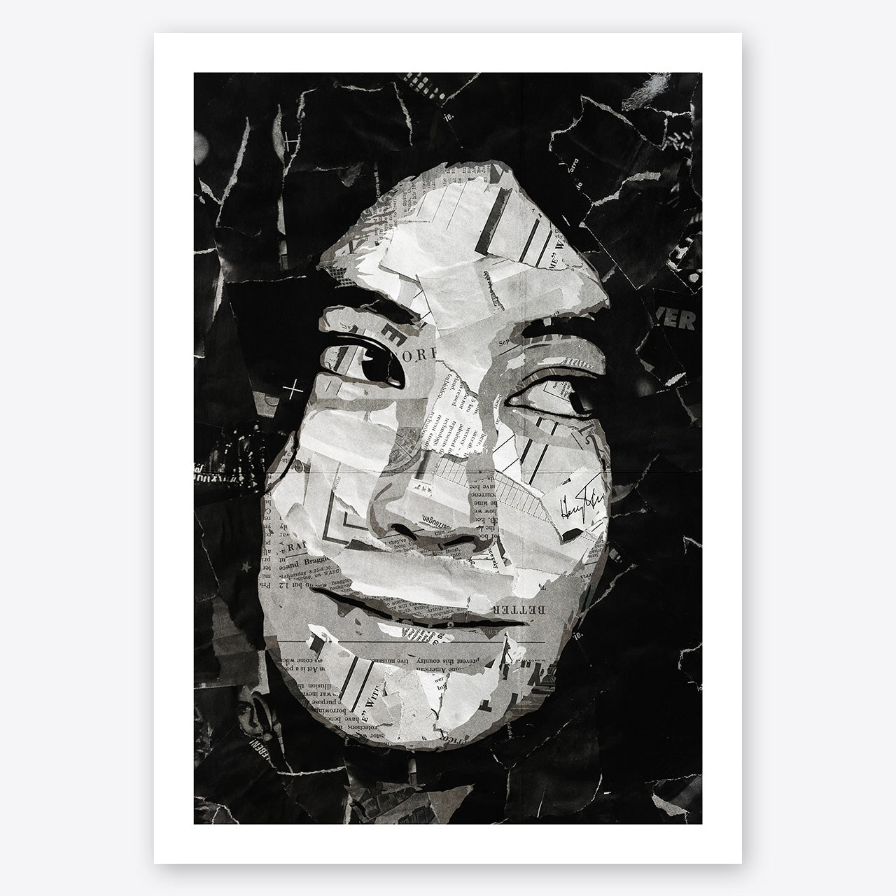 A digital collage portrait of Yoko Ono created using ripped up magazines and newspaper. An archival standard quality print from The Building House.