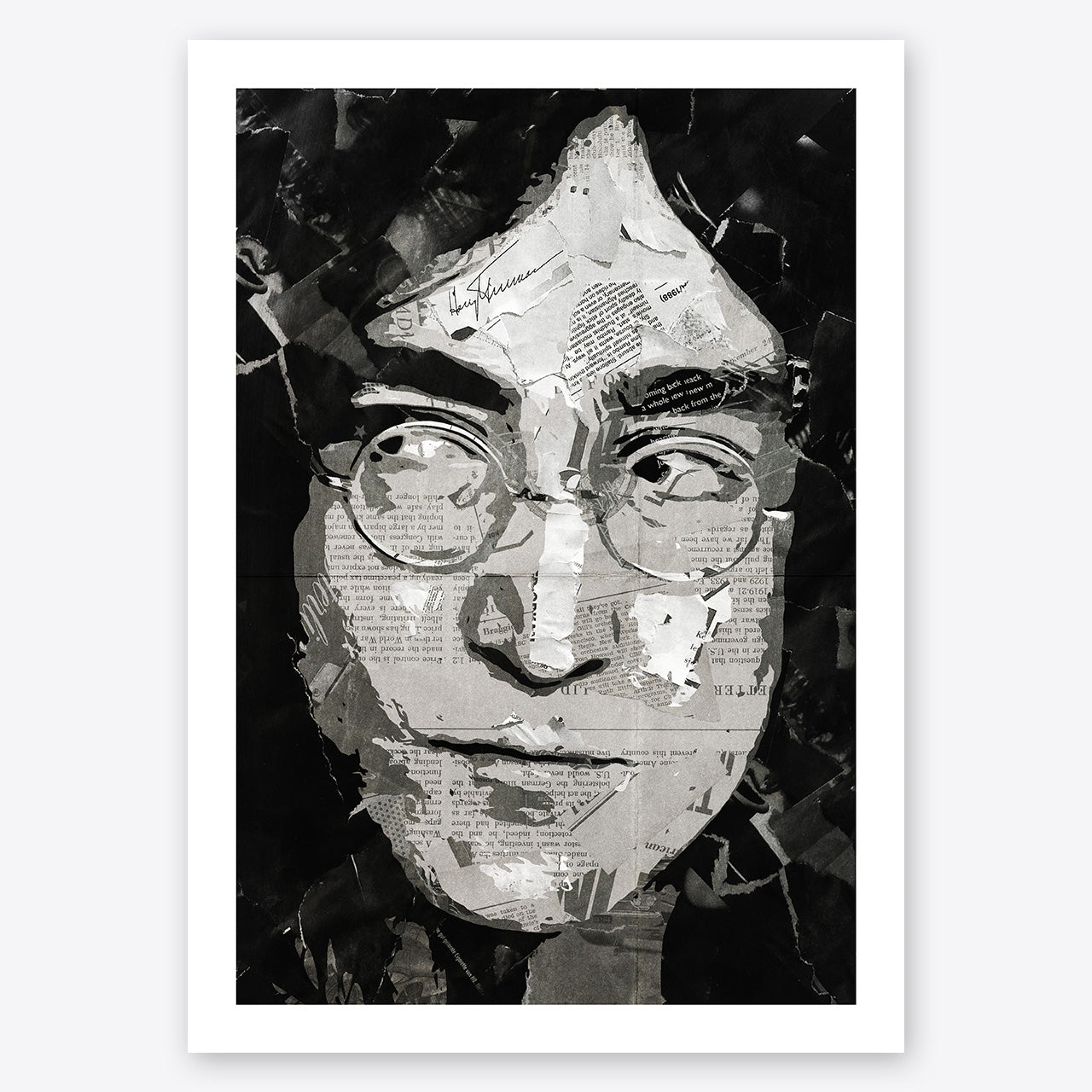 A digital collage portrait of John Lennon of the Beatles created using ripped up magazines and newspaper. An archival standard quality print from The Building House.