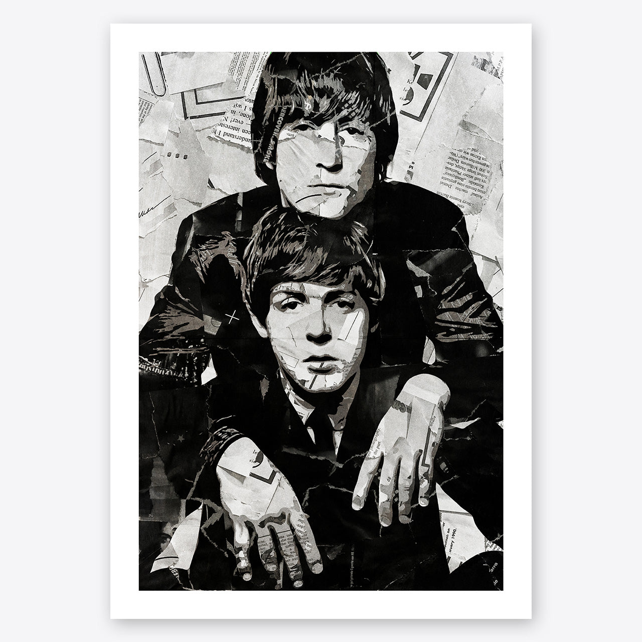 A digital collage portrait of John Lennon and Paul McCartney of the Beatles created using ripped up magazines and newspaper. An archival standard quality print from The Building House.