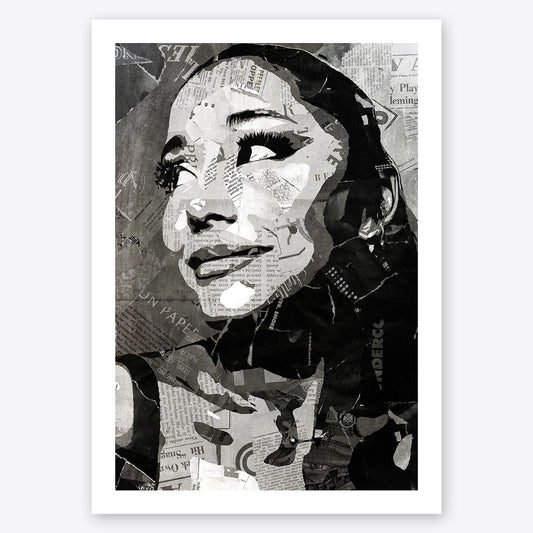 A digital collage portrait of Ariana Grande created using ripped up magazines and newspaper. An archival standard quality print from The Building House.