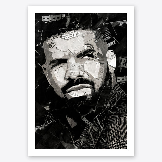 A digital collage portrait of Drake created using ripped up magazines and newspaper. An archival standard quality print from The Building House.