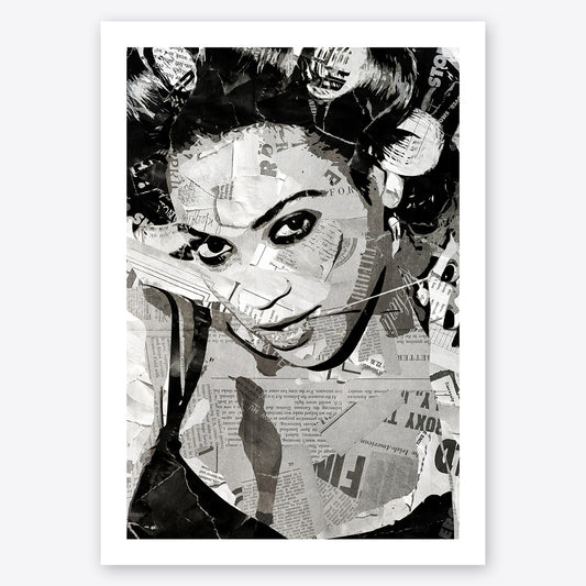 A digital collage portrait of Beyoncé Knowles created using ripped up magazines and newspaper. An archival standard quality print from The Building House.