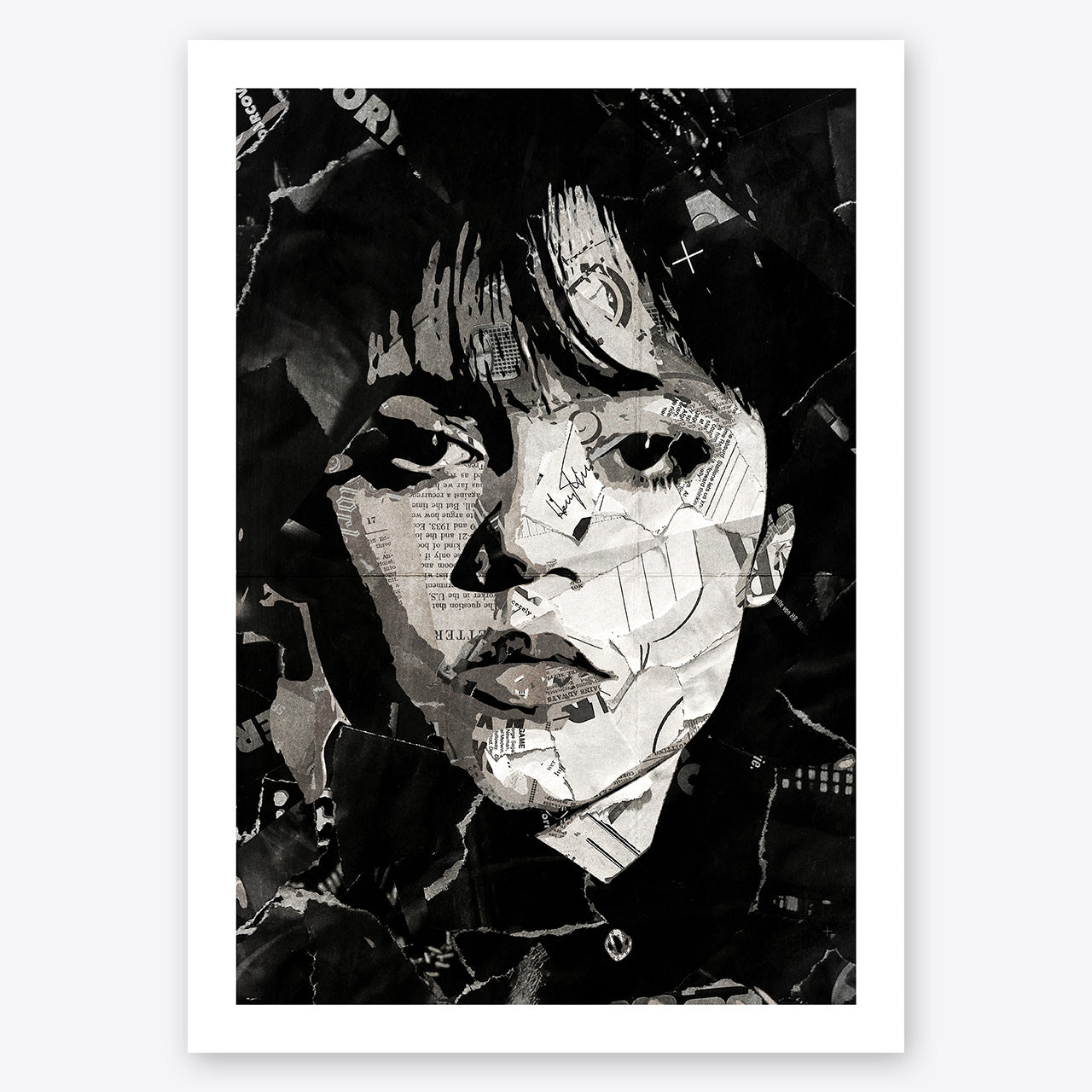 A digital collage portrait of Jenna Ortega as Wednesday Addams created using ripped up magazines and newspaper. An archival standard quality print from The Building House.