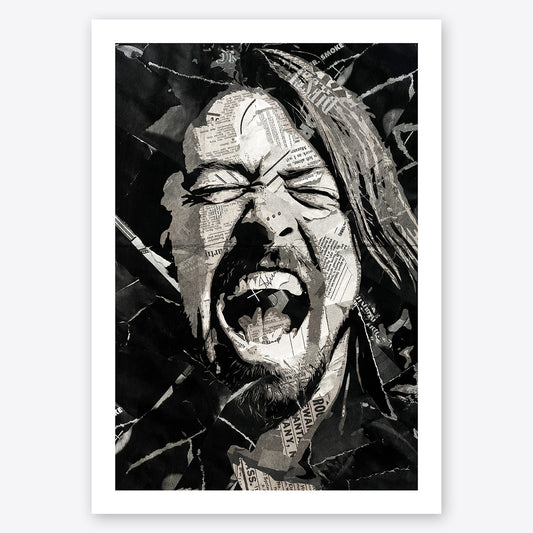 A digital collage portrait of Dave Grohl of Nirvana and Foo Fighters created using ripped up magazines and newspaper. An archival standard quality print from The Building House.