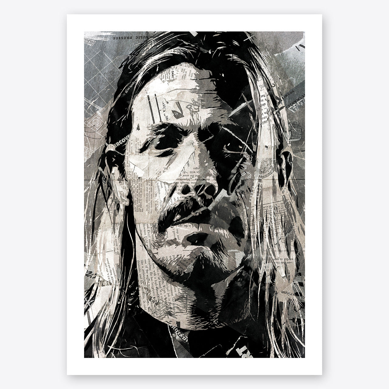 A digital collage portrait of Taylor Hawkins of Foo Fighters created using ripped up magazines and newspaper. An archival standard quality print from The Building House.