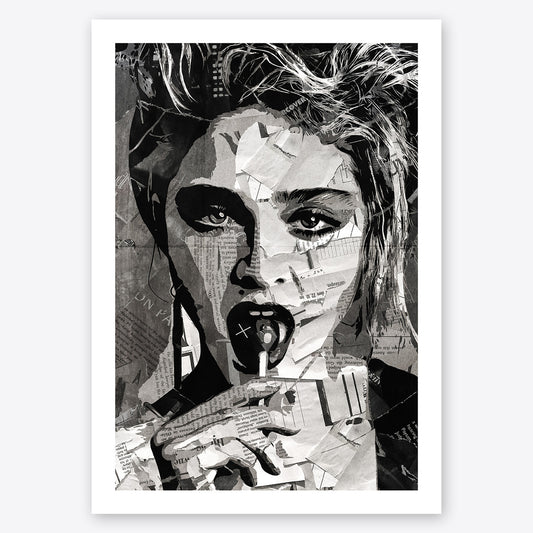 A digital collage portrait of Madonna created using ripped up magazines and newspaper. An archival standard quality print from The Building House.