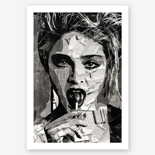 A Madonna poster design - a portrait of Madge made using a collage of torn pieces of magazine pages in black and white.