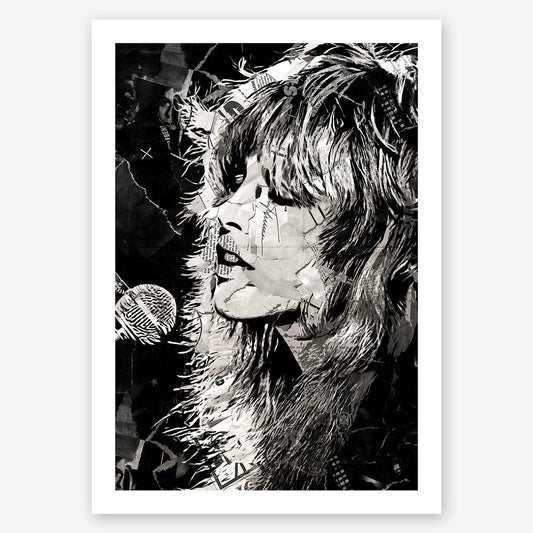 A digital collage portrait of Stevie Nicks of Fleetwood Mac created using ripped up magazines and newspaper. An archival standard quality print from The Building House.