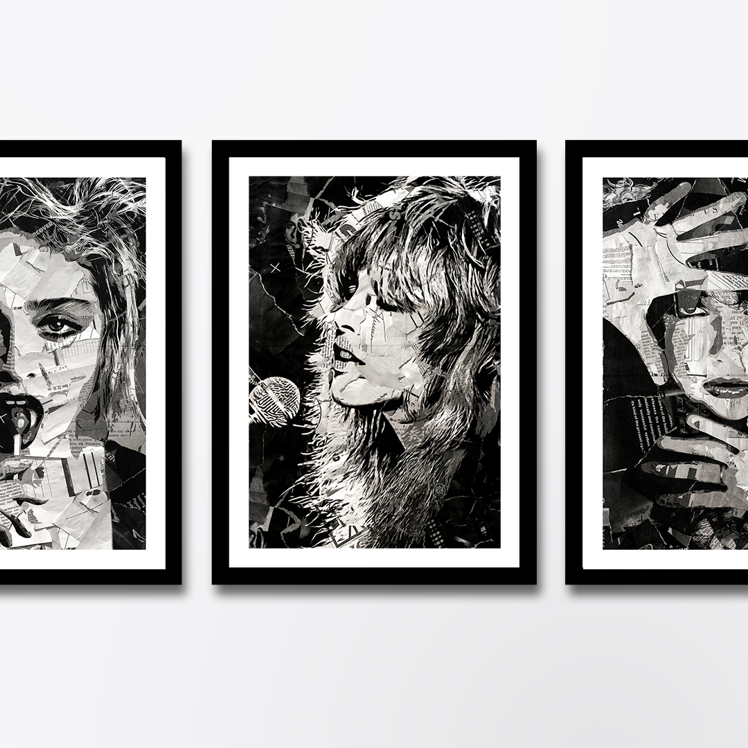 A Stevie Nicks (Fleetwood Mac) poster design - a portrait of Stevie made using a collage of torn pieces of magazine pages in black and white.