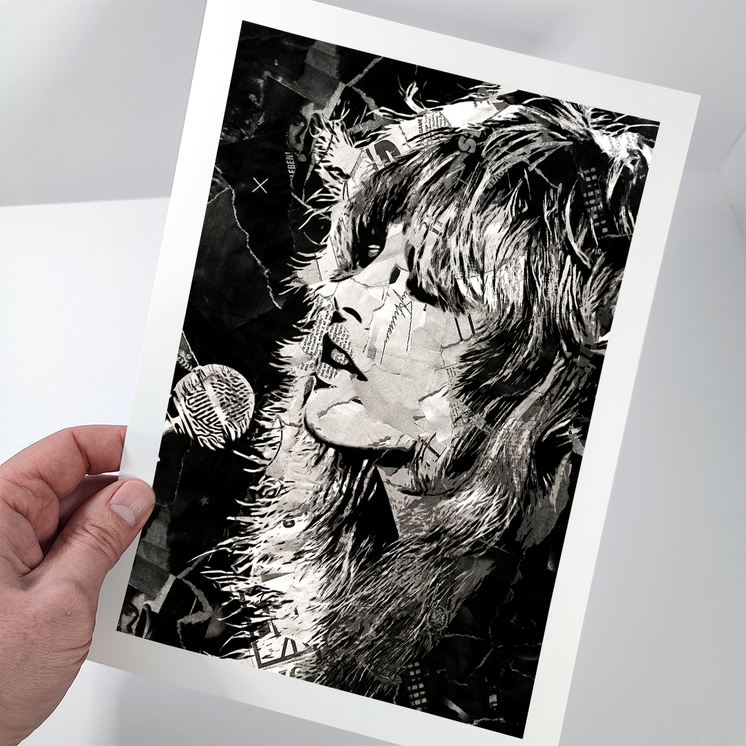 A Stevie Nicks (Fleetwood Mac) poster design - a portrait of Stevie made using a collage of torn pieces of magazine pages in black and white.