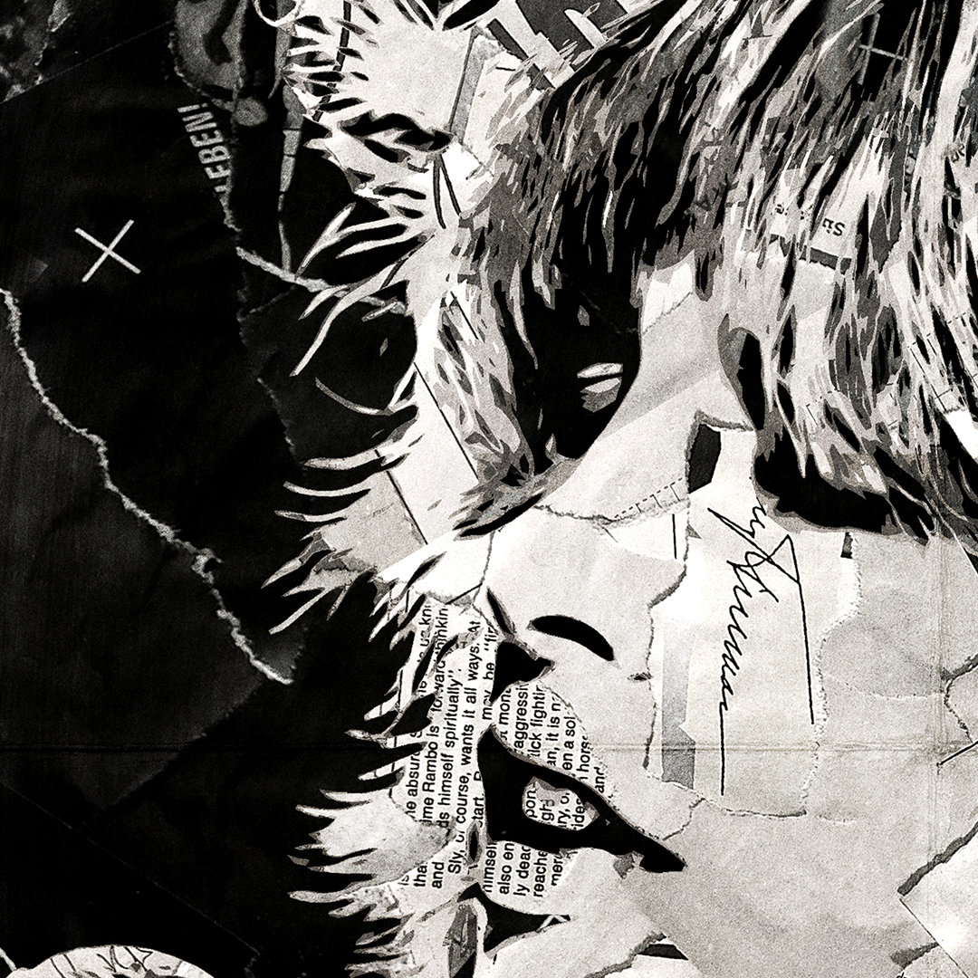 A Stevie Nicks (Fleetwood Mac) poster design - a portrait of Stevie made using a collage of torn pieces of magazine pages in black and white.
