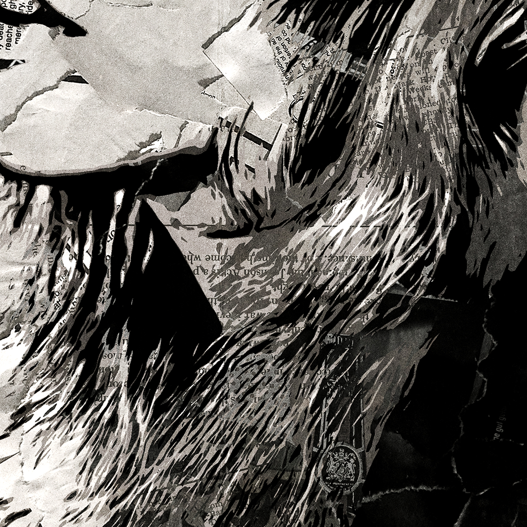 A Stevie Nicks (Fleetwood Mac) poster design - a portrait of Stevie made using a collage of torn pieces of magazine pages in black and white.