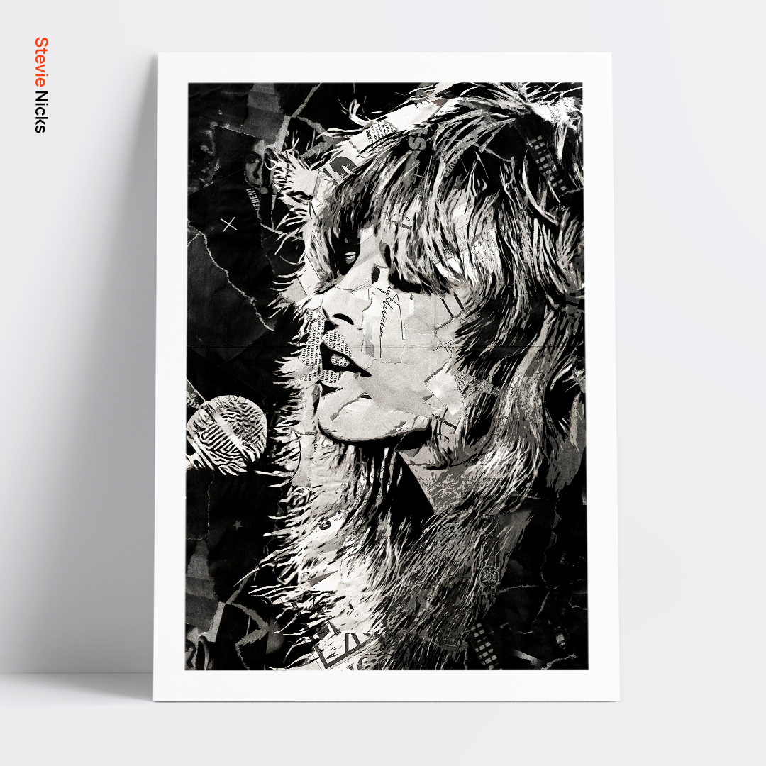 A Stevie Nicks (Fleetwood Mac) poster design - a portrait of Stevie made using a collage of torn pieces of magazine pages in black and white.