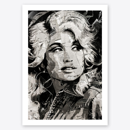 A digital collage portrait of Dolly Parton created using ripped up magazines and newspaper. An archival standard quality print from The Building House.