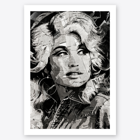 A Dolly Parton poster design - a portrait of Dolly made using a collage of torn pieces of magazine pages in black and white.