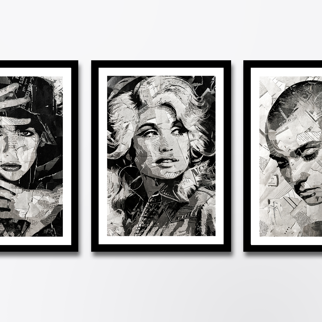 A Dolly Parton poster design - a portrait of Dolly made using a collage of torn pieces of magazine pages in black and white.