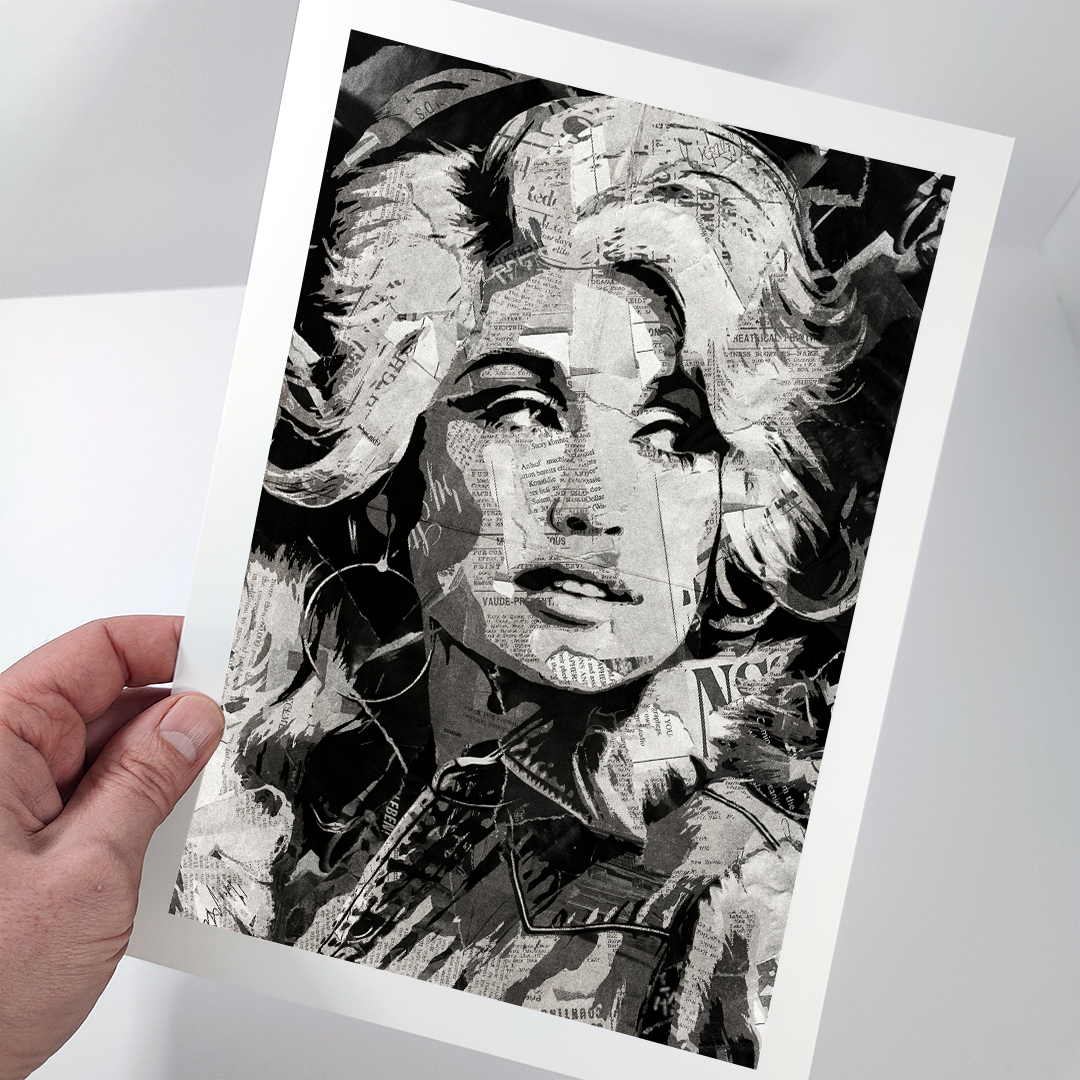 A Dolly Parton poster design - a portrait of Dolly made using a collage of torn pieces of magazine pages in black and white.