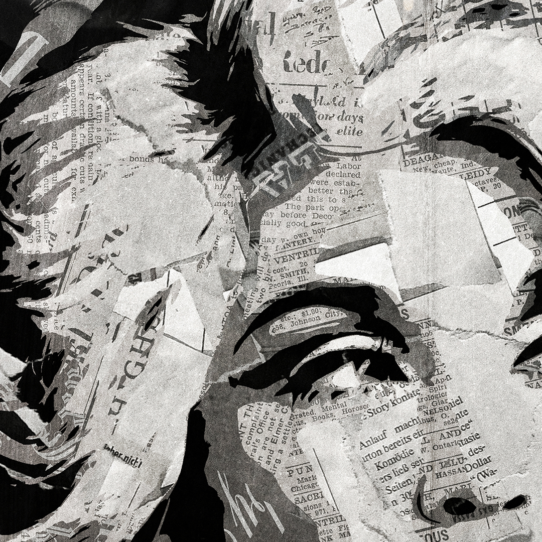 A Dolly Parton poster design - a portrait of Dolly made using a collage of torn pieces of magazine pages in black and white.