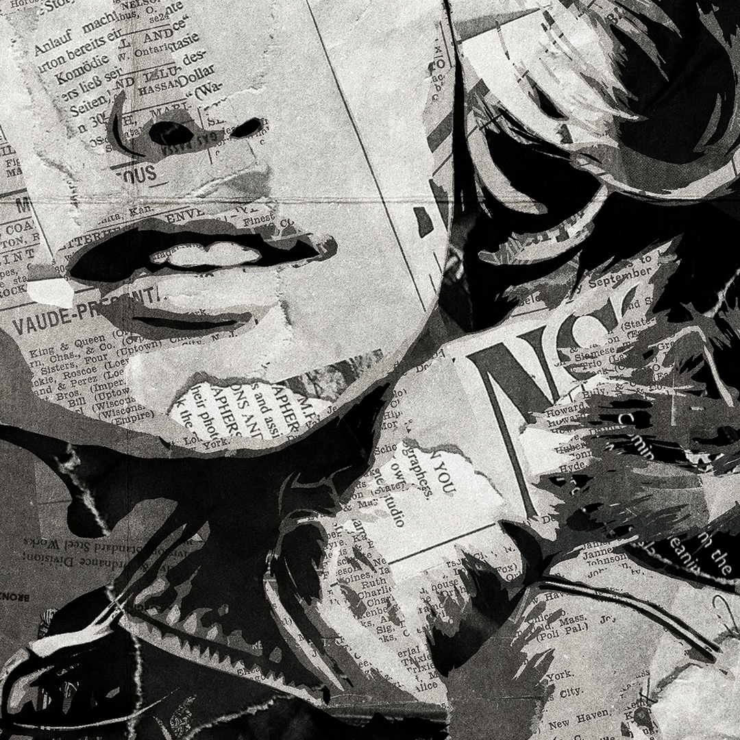 A Dolly Parton poster design - a portrait of Dolly made using a collage of torn pieces of magazine pages in black and white.