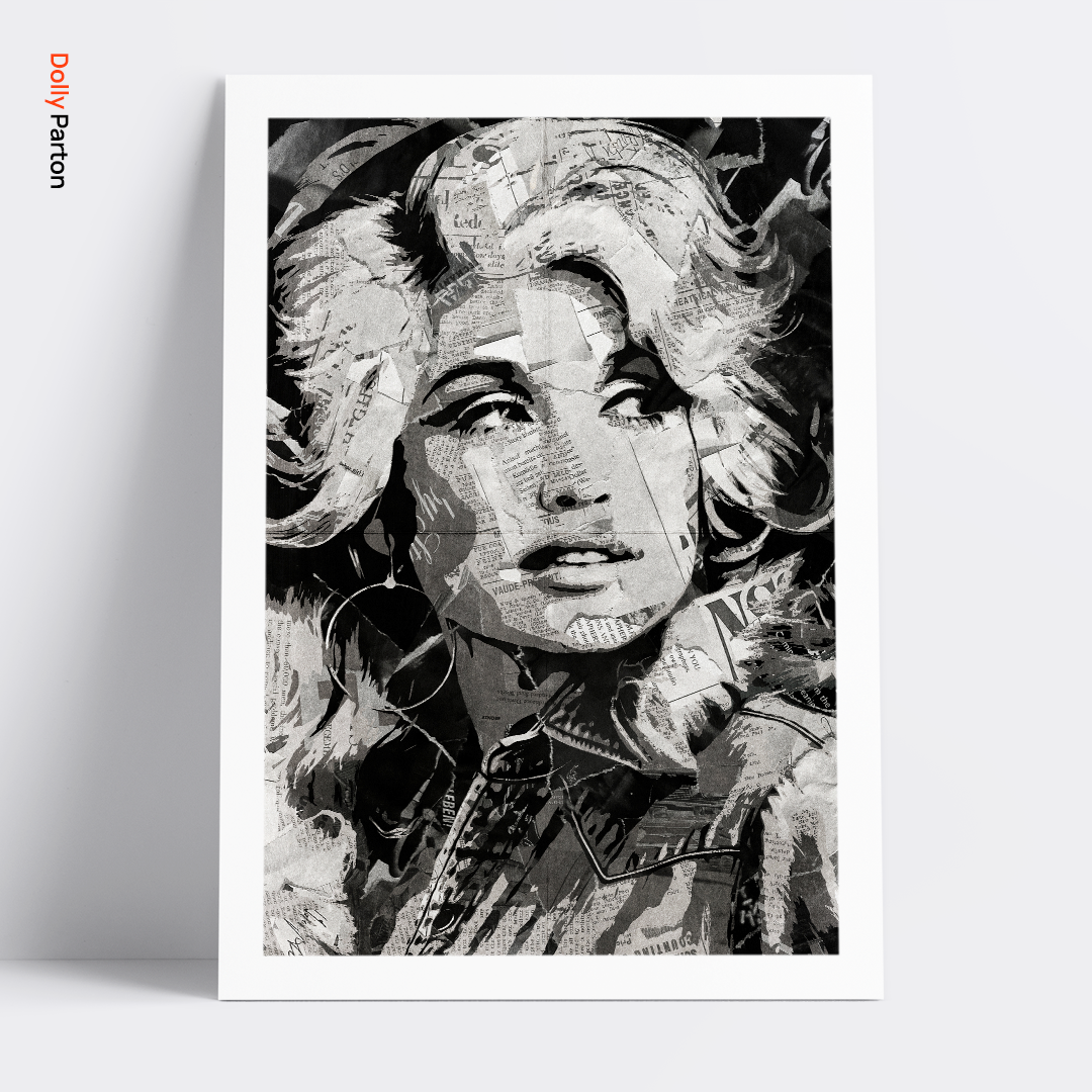 A Dolly Parton poster design - a portrait of Dolly made using a collage of torn pieces of magazine pages in black and white.