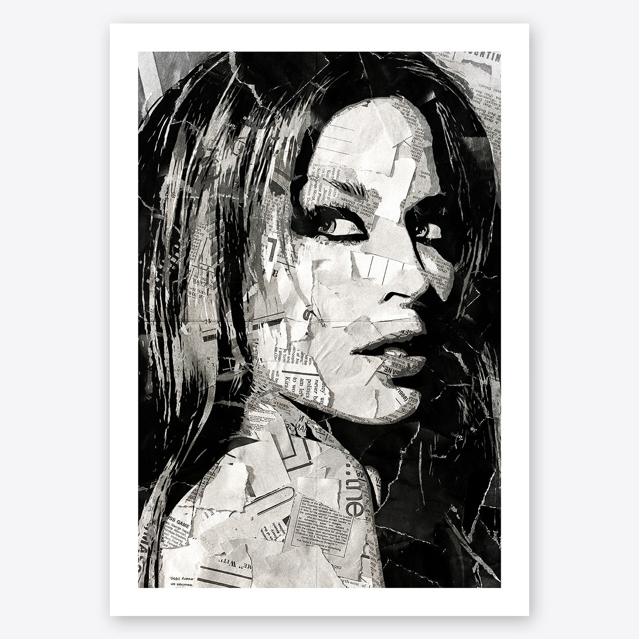 A digital collage portrait of Kyllie Minogue created using ripped up magazines and newspaper. An archival standard quality print from The Building House.