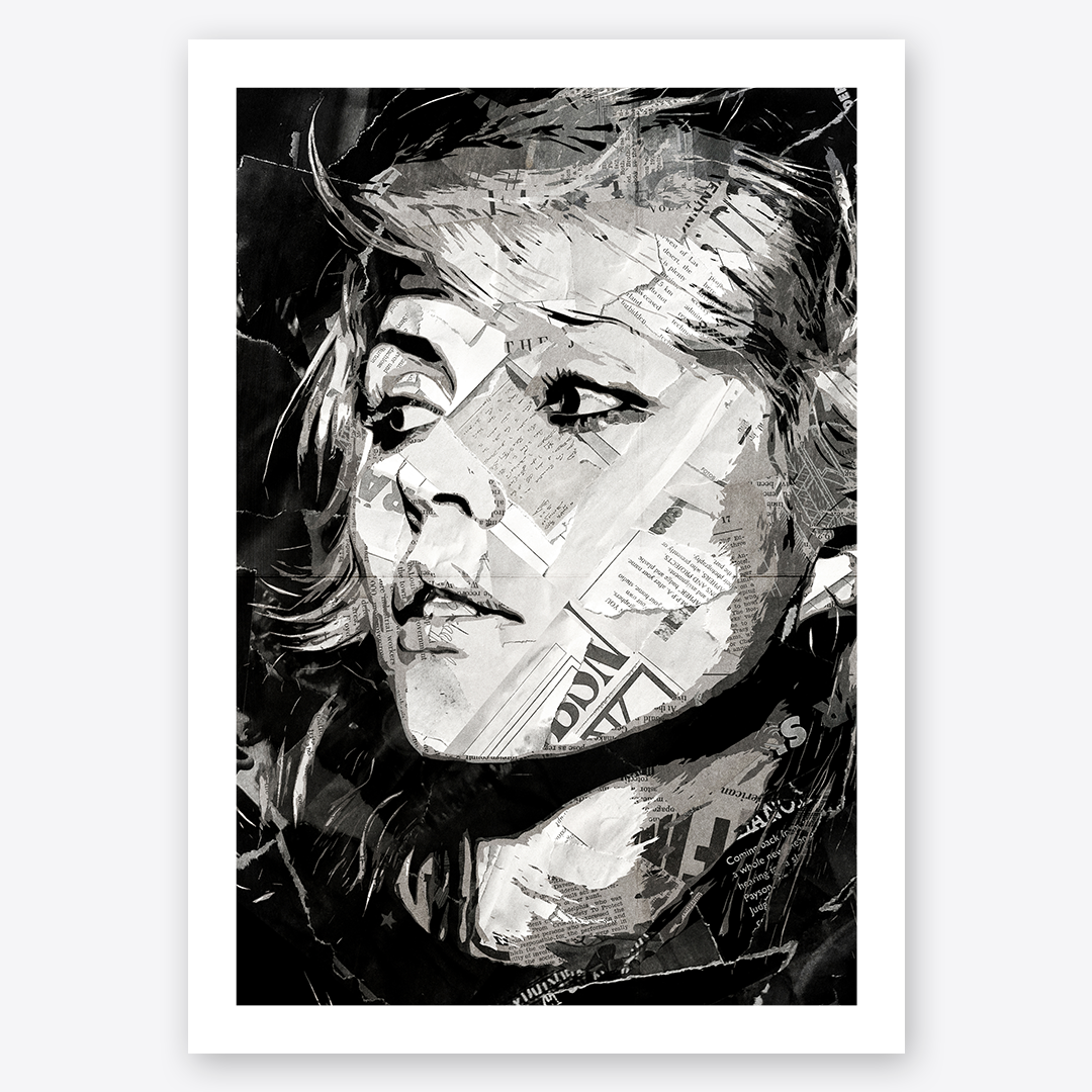 A Debbie Harry poster design - a portrait of Debbie made using a collage of torn pieces of magazine pages in black and white.