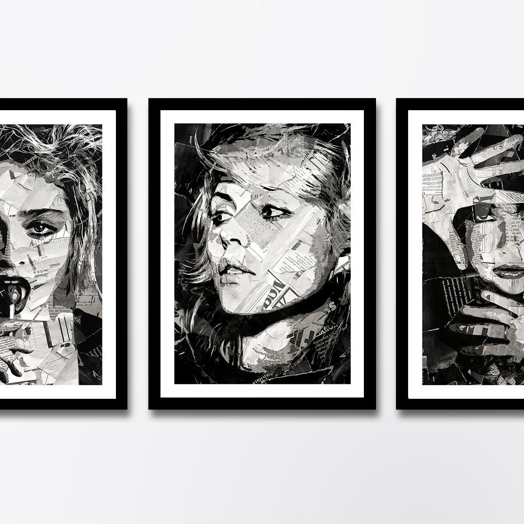 A Debbie Harry poster design - a portrait of Debbie made using a collage of torn pieces of magazine pages in black and white.