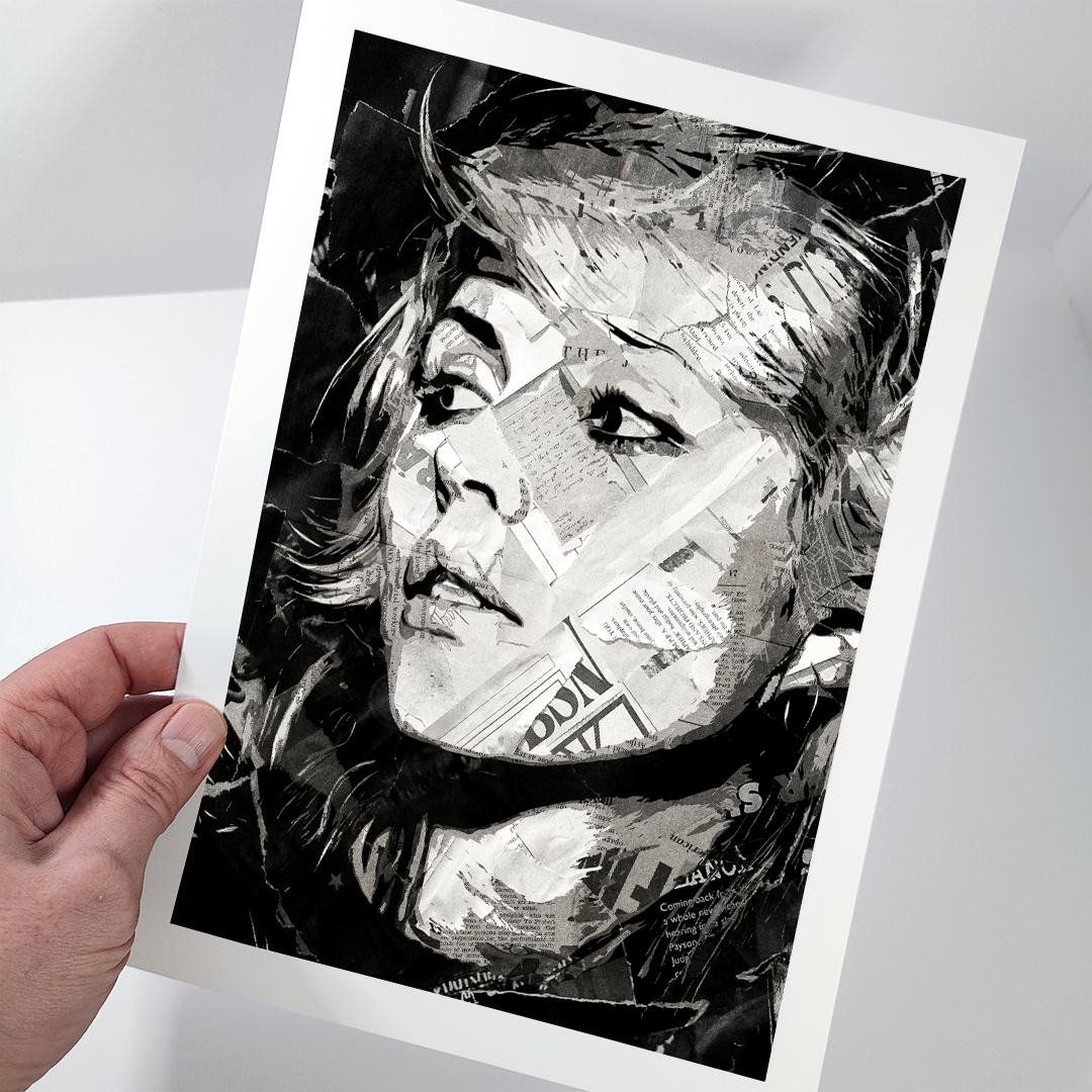 A Debbie Harry poster design - a portrait of Debbie made using a collage of torn pieces of magazine pages in black and white.