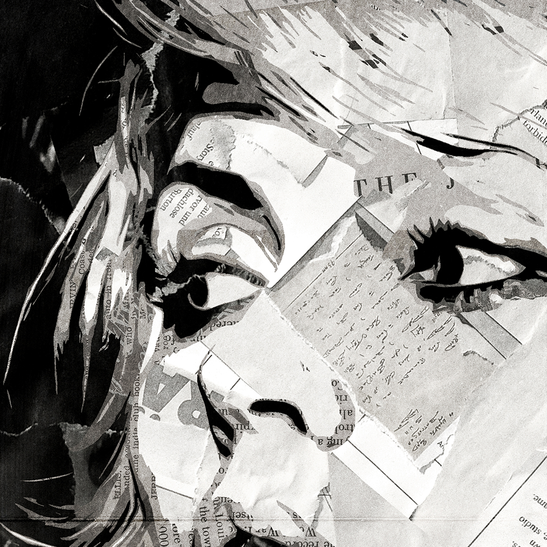 A Debbie Harry poster design - a portrait of Debbie made using a collage of torn pieces of magazine pages in black and white.