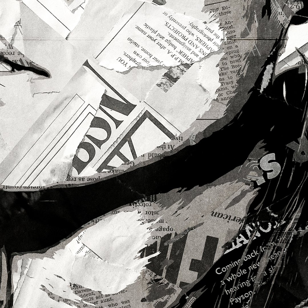 A Debbie Harry poster design - a portrait of Debbie made using a collage of torn pieces of magazine pages in black and white.