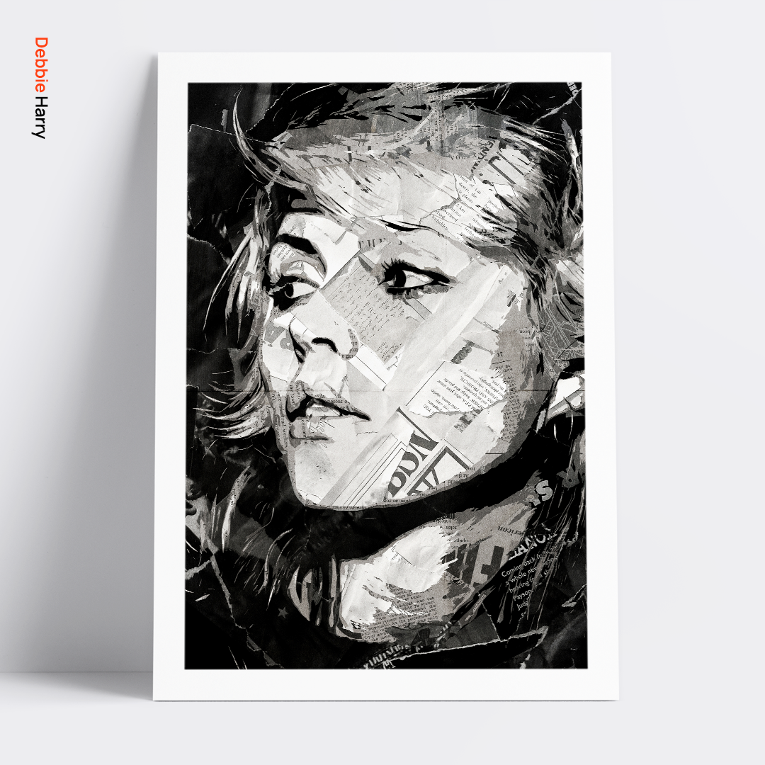 A Debbie Harry poster design - a portrait of Debbie made using a collage of torn pieces of magazine pages in black and white.