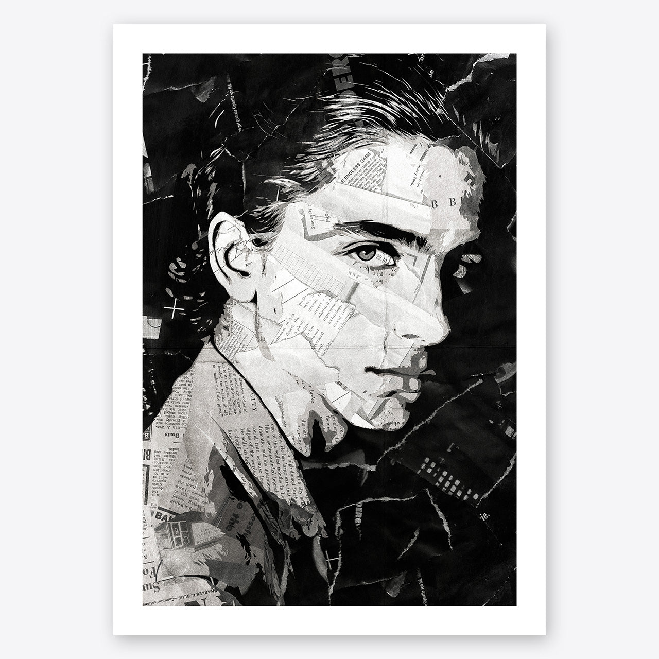 A digital collage portrait of Timothée Chalamet created using ripped up magazines and newspaper. An archival standard quality print from The Building House.