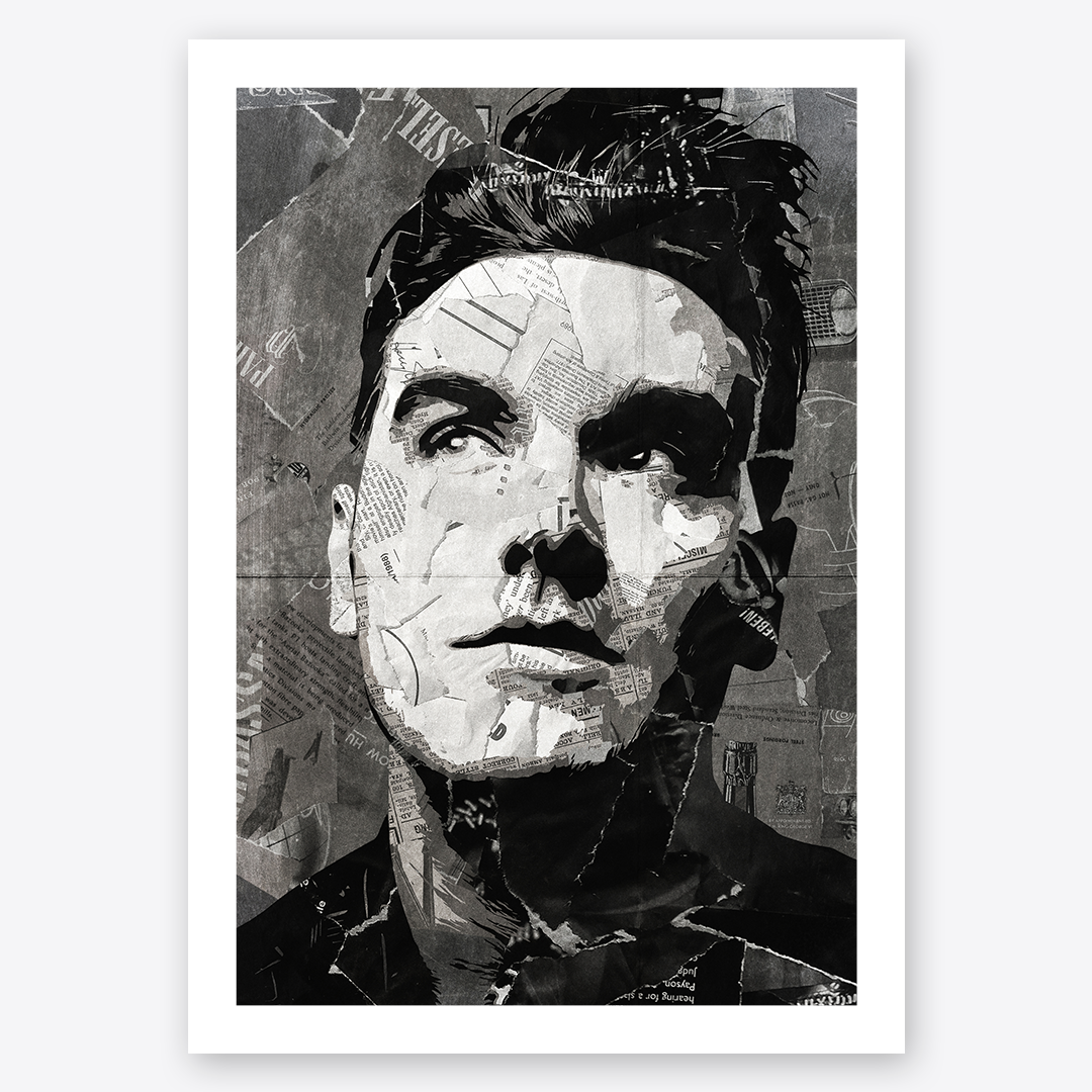 A Morrissey poster design - a portrait of Morrissey made using a collage of torn pieces of magazine pages in black and white.