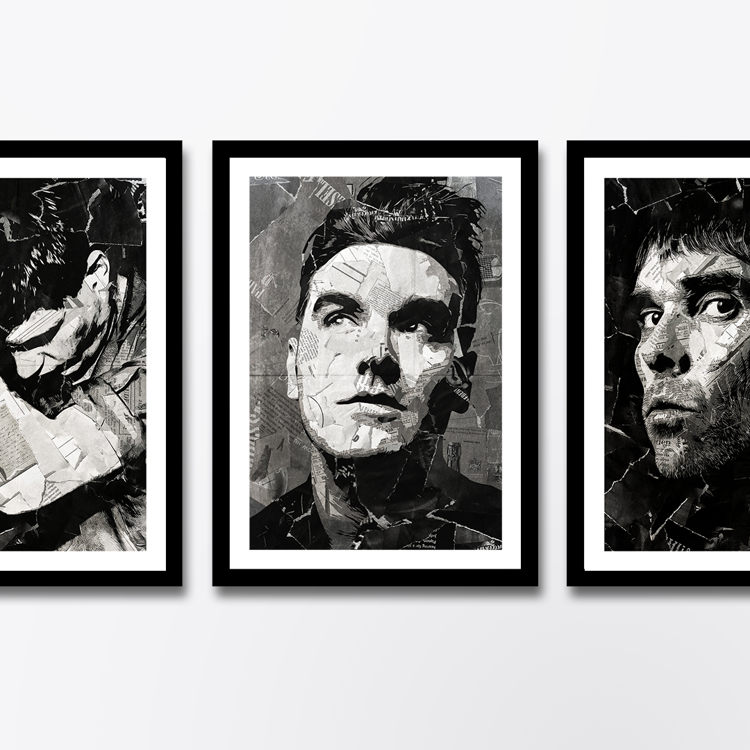 A Morrissey poster design - a portrait of Morrissey made using a collage of torn pieces of magazine pages in black and white.