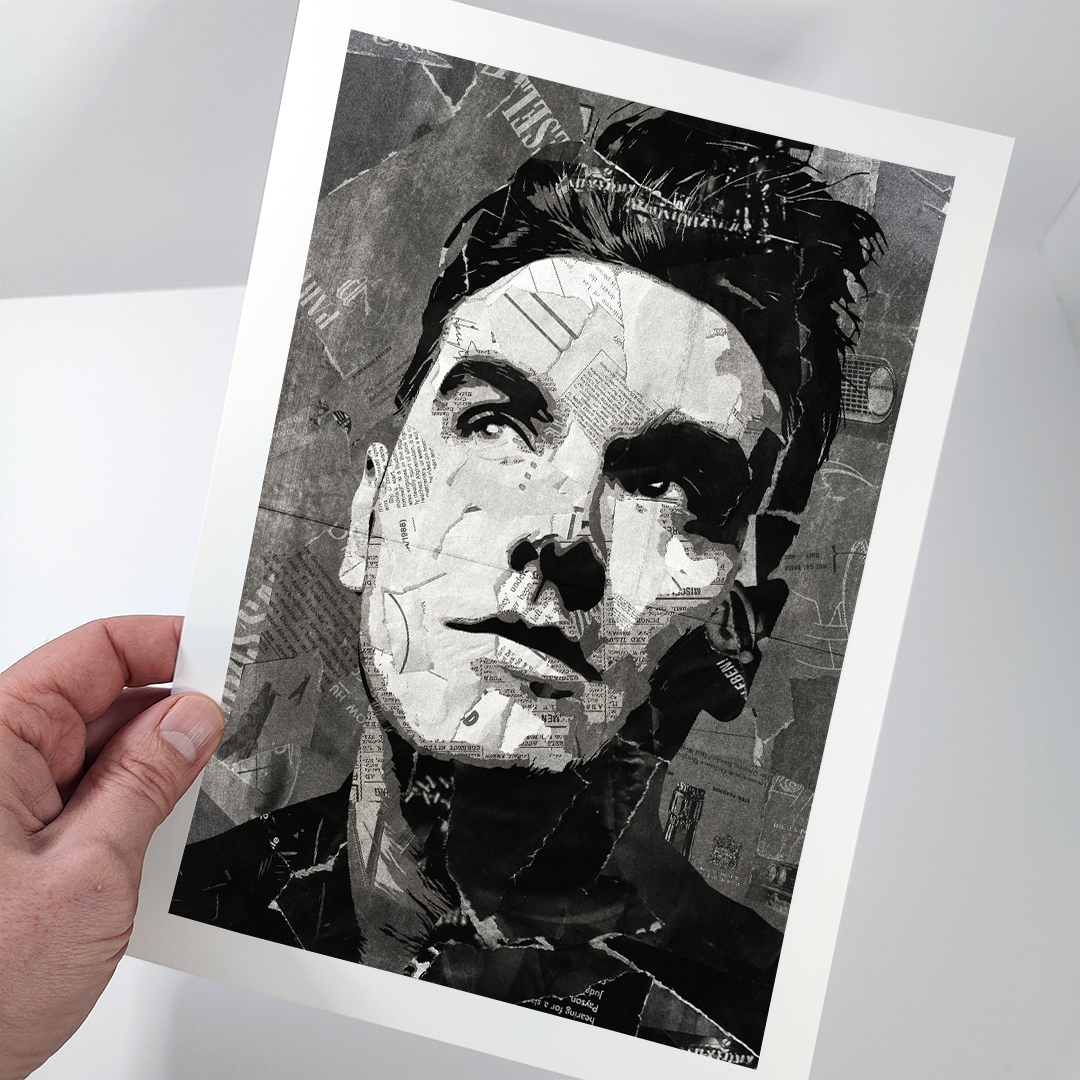 A Morrissey poster design - a portrait of Morrissey made using a collage of torn pieces of magazine pages in black and white.