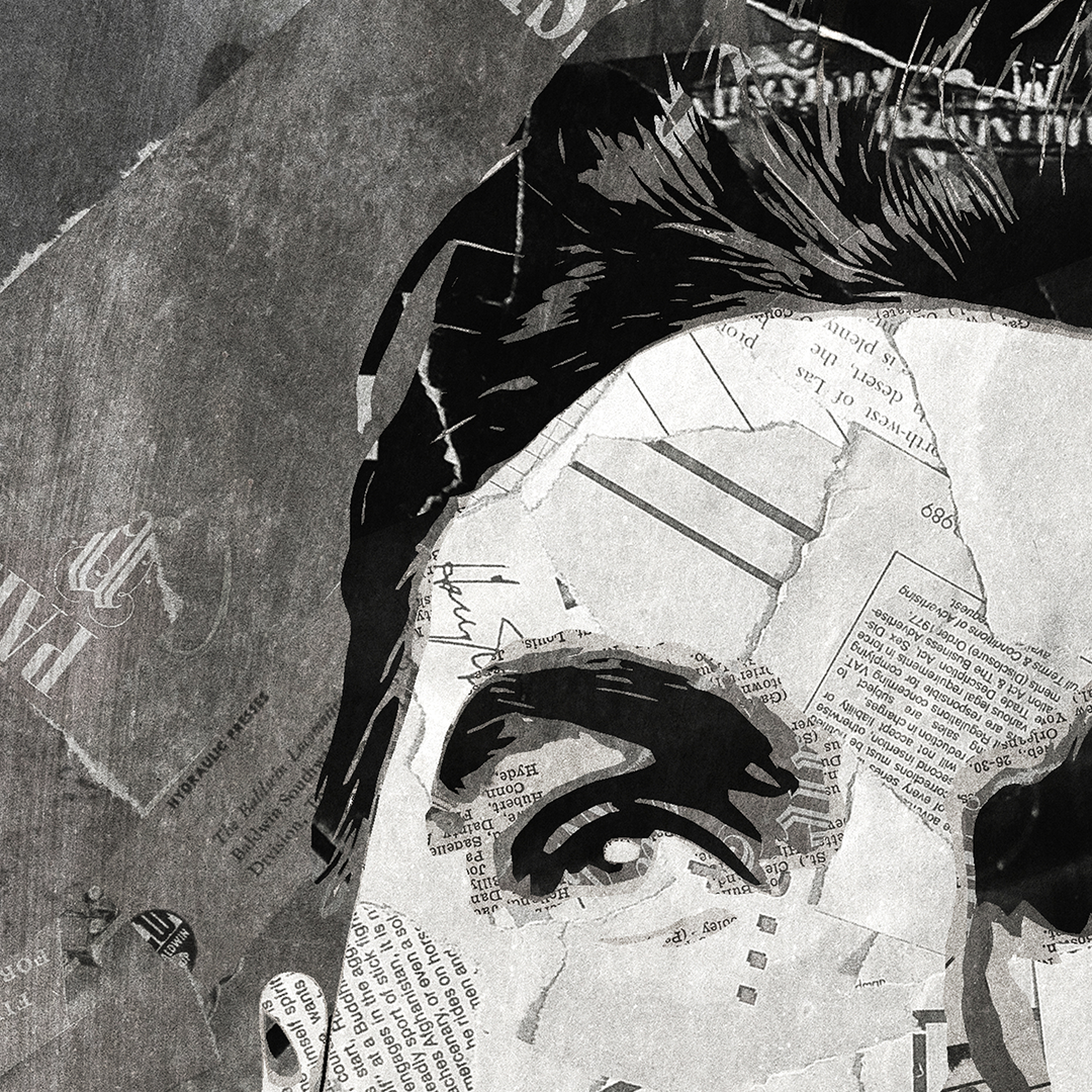 A Morrissey poster design - a portrait of Morrissey made using a collage of torn pieces of magazine pages in black and white.