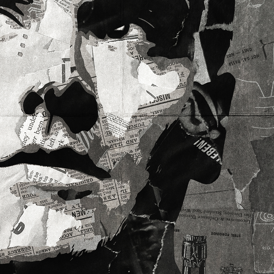 A Morrissey poster design - a portrait of Morrissey made using a collage of torn pieces of magazine pages in black and white.