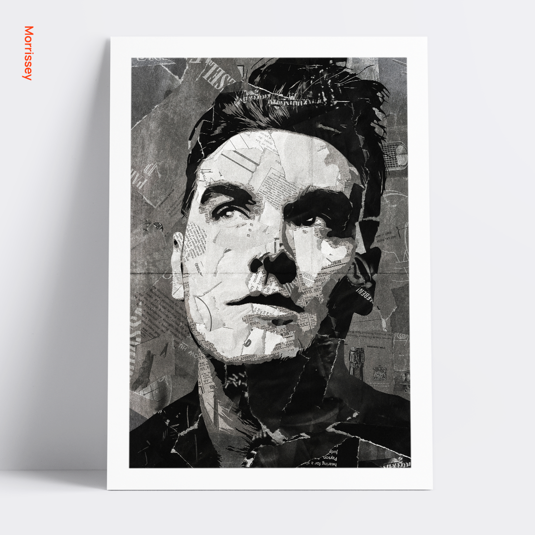 A Morrissey poster design - a portrait of Morrissey made using a collage of torn pieces of magazine pages in black and white.