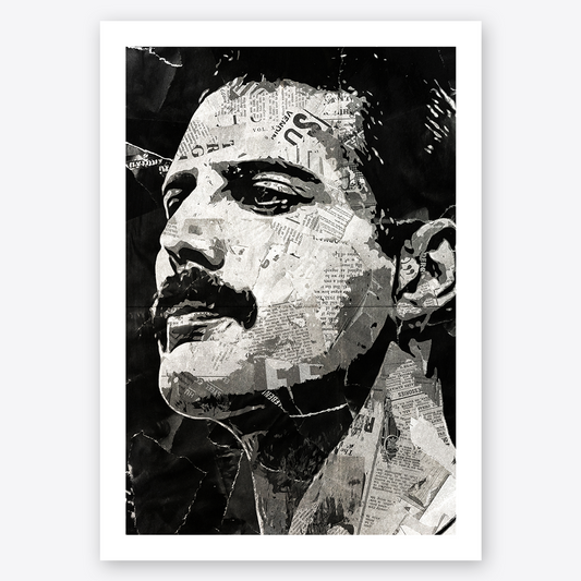 A Freddie Mercury poster design - a portrait of Freddie made using a collage of torn pieces of magazine pages in black and white.
