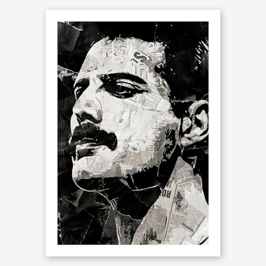 A digital collage portrait of Freddie Mercury of Queen created using ripped up magazines and newspaper. An archival standard quality print from The Building House.