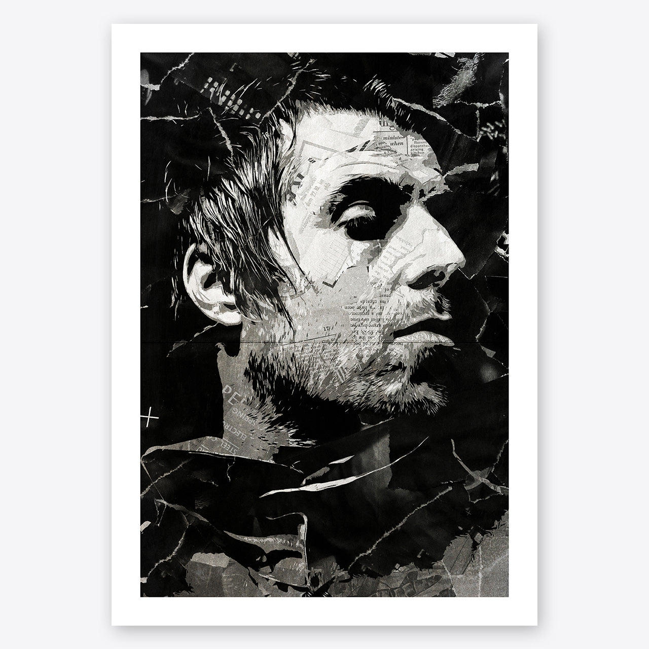 A digital collage portrait of Liam Gallagher of Oasis created using ripped up magazines and newspaper. An archival standard quality print from The Building House.