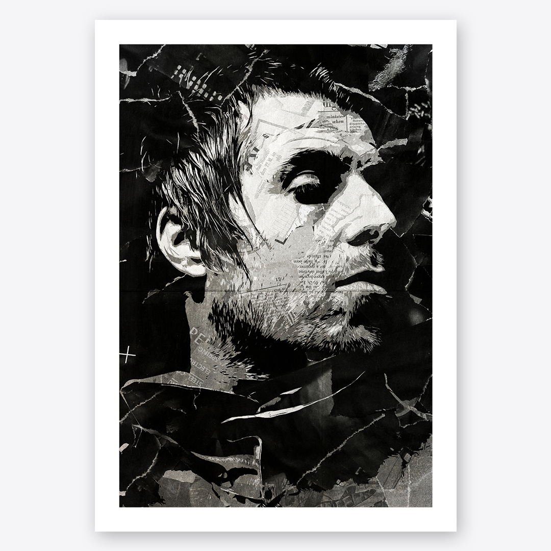 A Liam Gallagher poster design - a portrait of Liam made using a collage of torn pieces of magazine pages in black and white.