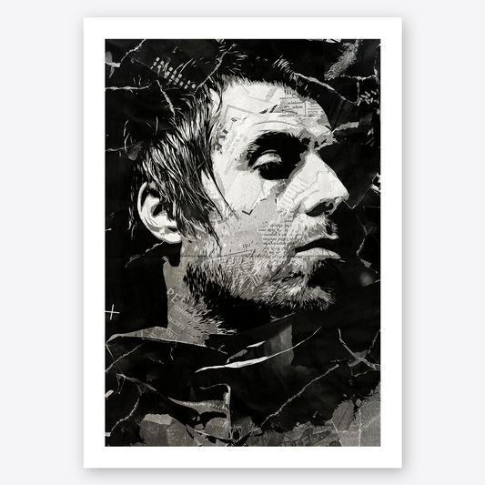 A Liam Gallagher poster design - a portrait of Liam made using a collage of torn pieces of magazine pages in black and white.