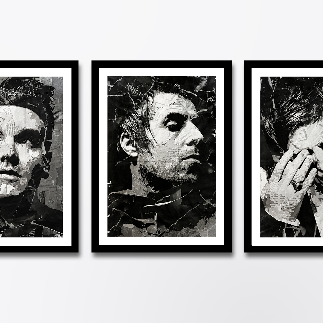 A Liam Gallagher poster design - a portrait of Liam made using a collage of torn pieces of magazine pages in black and white.