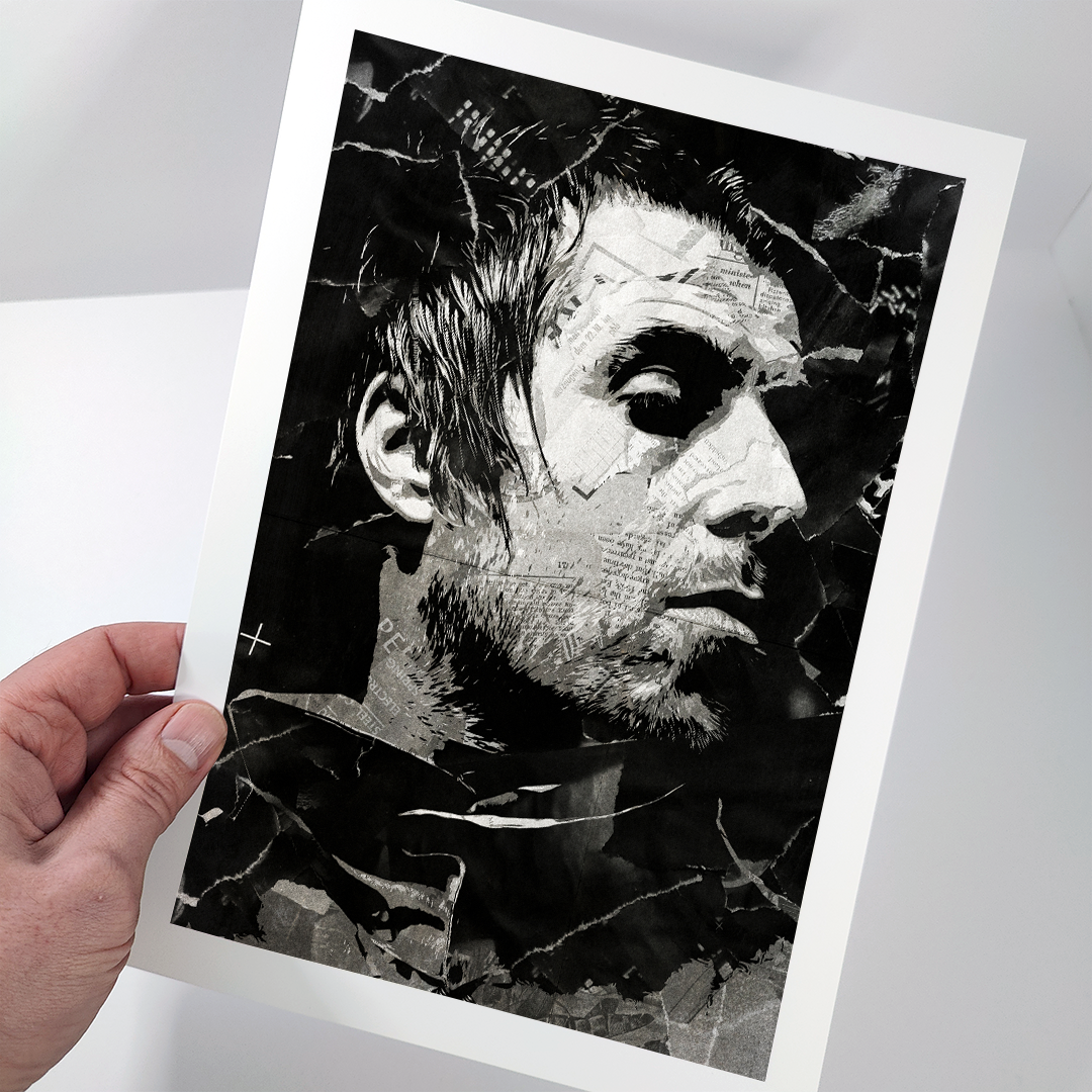 A Liam Gallagher poster design - a portrait of Liam made using a collage of torn pieces of magazine pages in black and white.