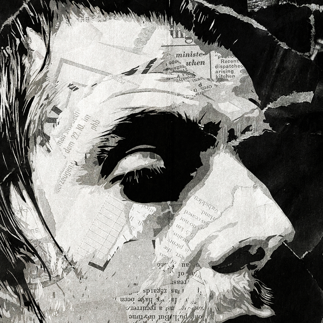 A Liam Gallagher poster design - a portrait of Liam made using a collage of torn pieces of magazine pages in black and white.