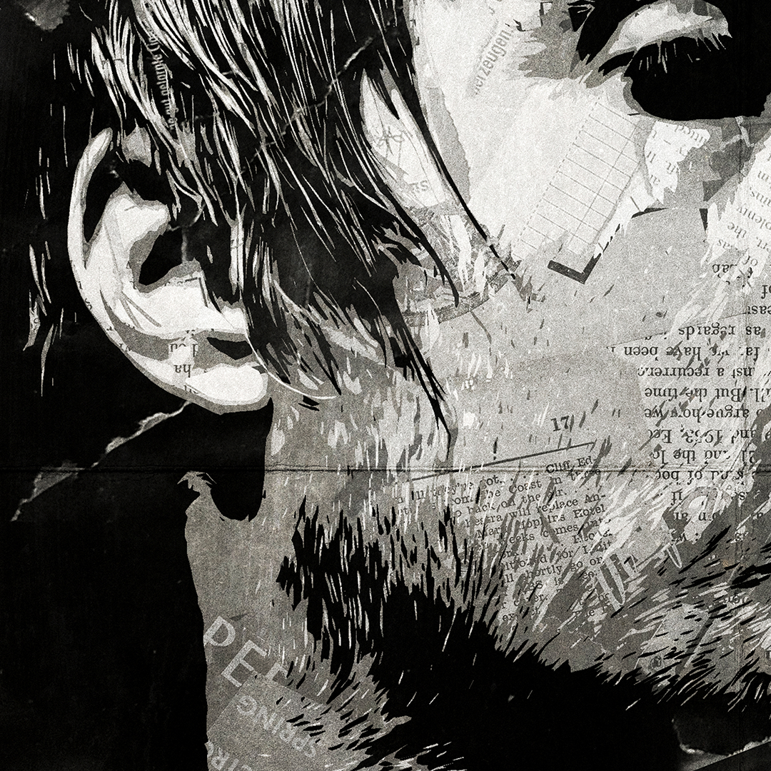 A Liam Gallagher poster design - a portrait of Liam made using a collage of torn pieces of magazine pages in black and white.