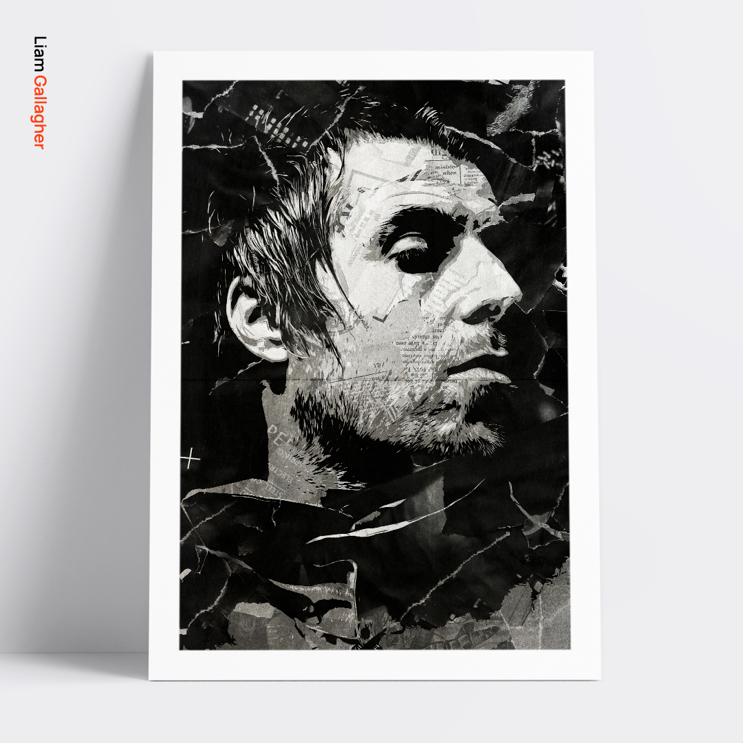 A Liam Gallagher poster design - a portrait of Liam made using a collage of torn pieces of magazine pages in black and white.